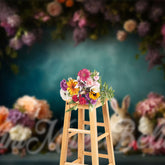 Aperturee - Dark Green Wall Rabbit Flowers Fine Art Backdrop